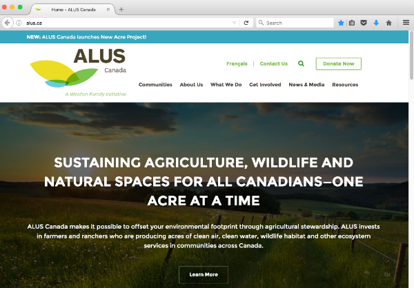 ALUS.ca home page: Sustaining Agriculture, Wildlife and Natural Spaces for all Canadians, One Acre at a Time.