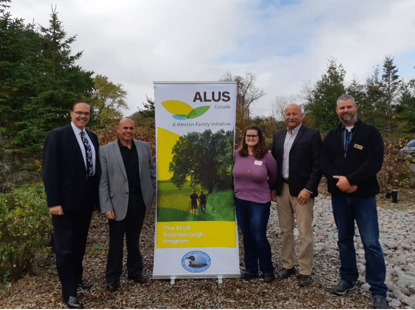 The ALUS Peterborough community launched officially in October, 2018. From left to right: Daryl Bennett (Peterborough’s then-Mayor), Angelo Lombardo (Executive Director, OFAH), Casey Whitelock (East Hub Manager, ALUS Canada), Bryan Gilvesy (CEO, ALUS Canada), Henry Bakker (Program Coordinator, ALUS Peterborough)
