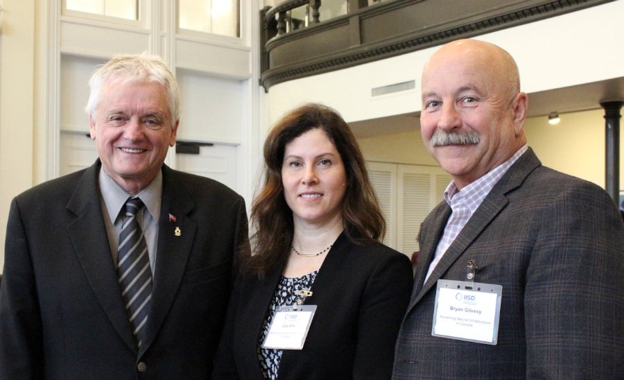 The ALUS delegation at the Natural Infrastructure Forum, from L to R: Ontario MPP Toby Barrett, whose private member’s bill on ALUS (Bill 28) recently received unanimous support in the provincial legislature upon its second reading; Lara Ellis, Vice-President, Policy and Partnerships at ALUS Canada; and Bryan Gilvesy, CEO of ALUS Canada. (Photo: Matthew TenBruggencate, IISD)