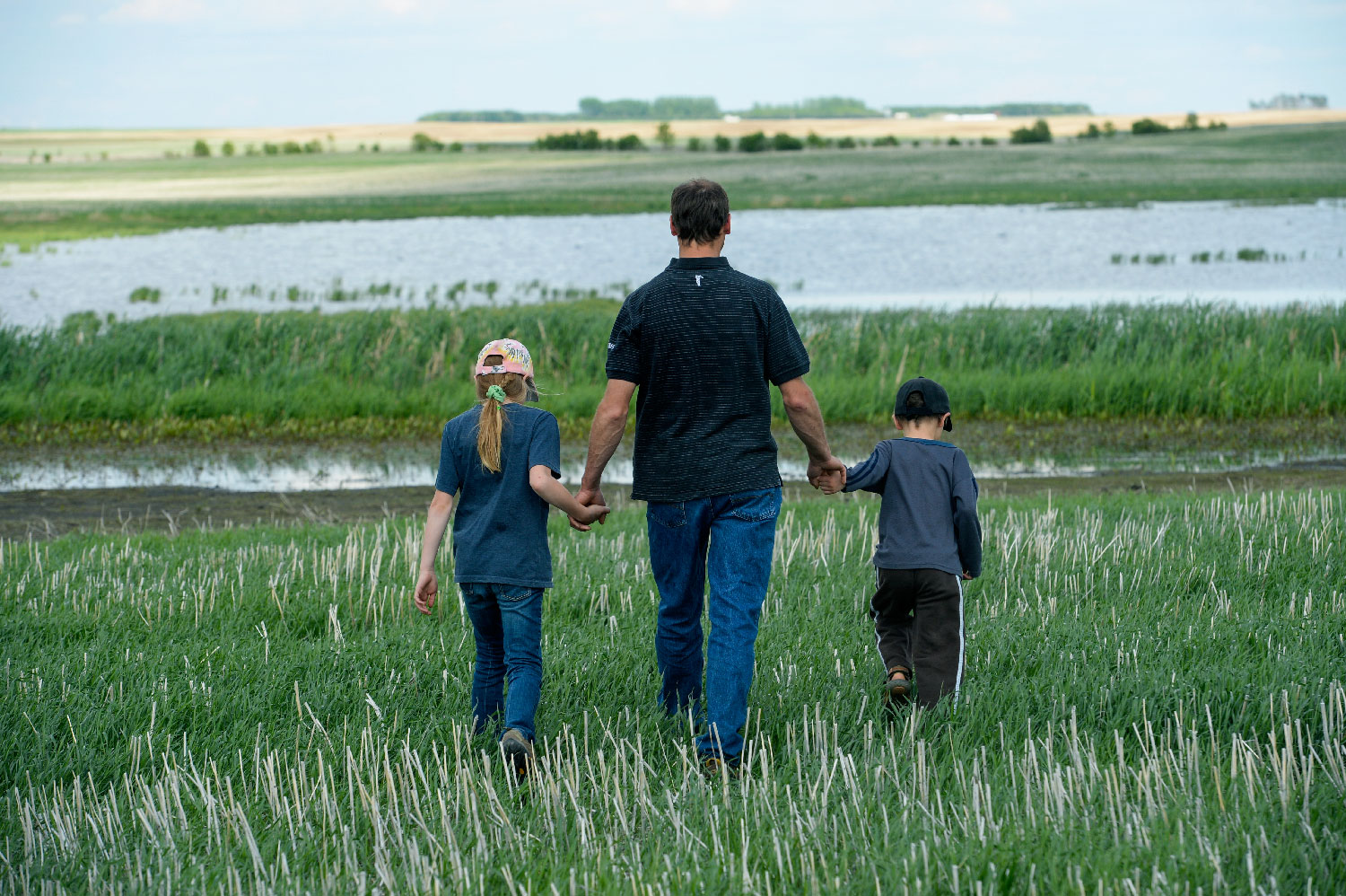 A man and a little boy and girl walk holding hands through a field.