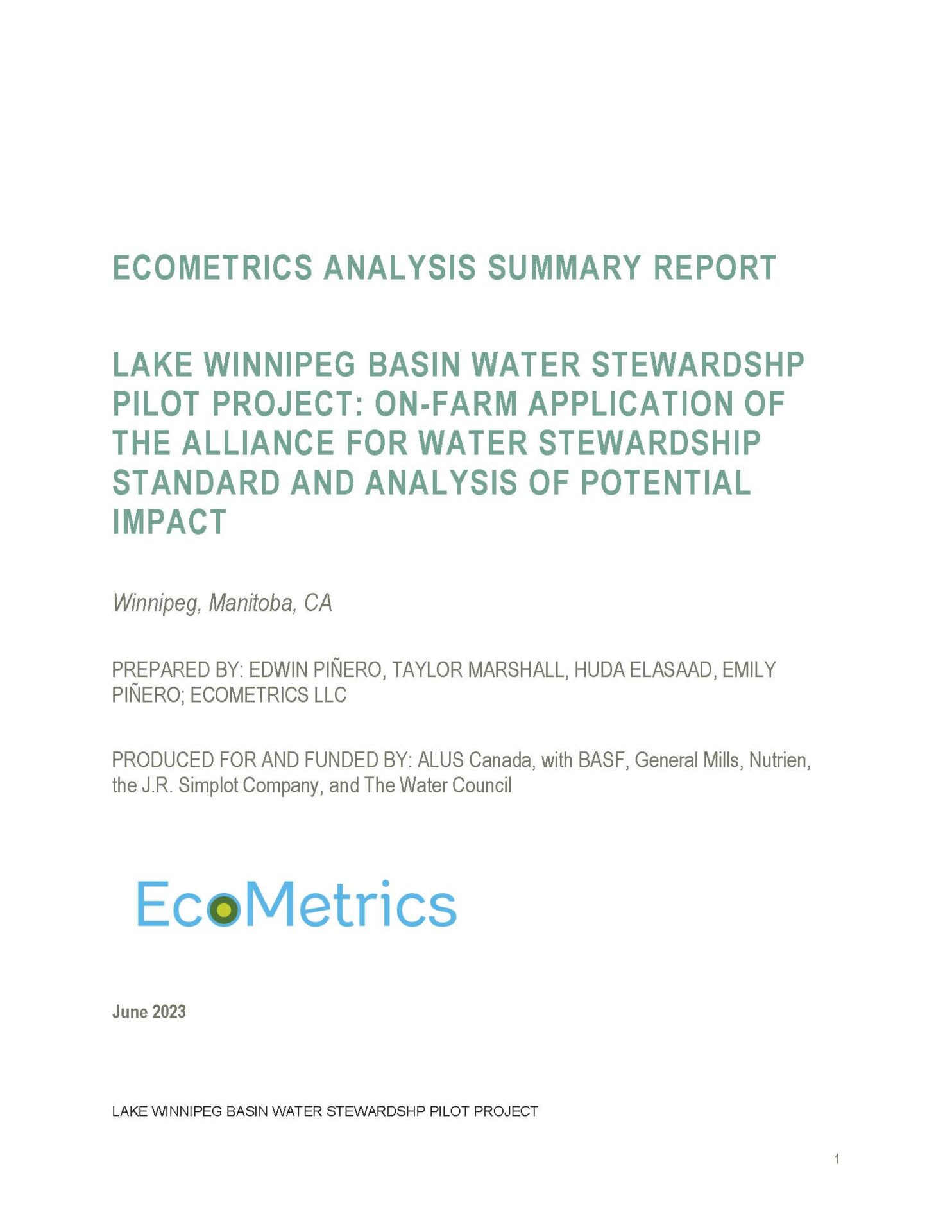 Ecometrics Analysis Summary Report Lake Winnipeg Water Stewardship Pilot Project Cover